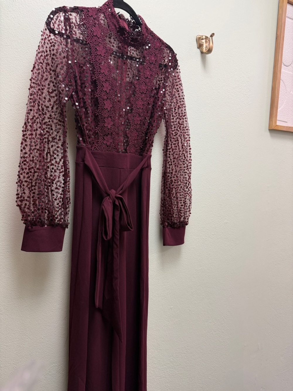 Burgundy Lace & Sequin Long Jumpsuit with Self-Tie Waist